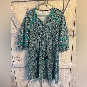 Boden Heidi Indian Ocean Bloom Floral Tassel Jersey Dress Blue Green US 8P